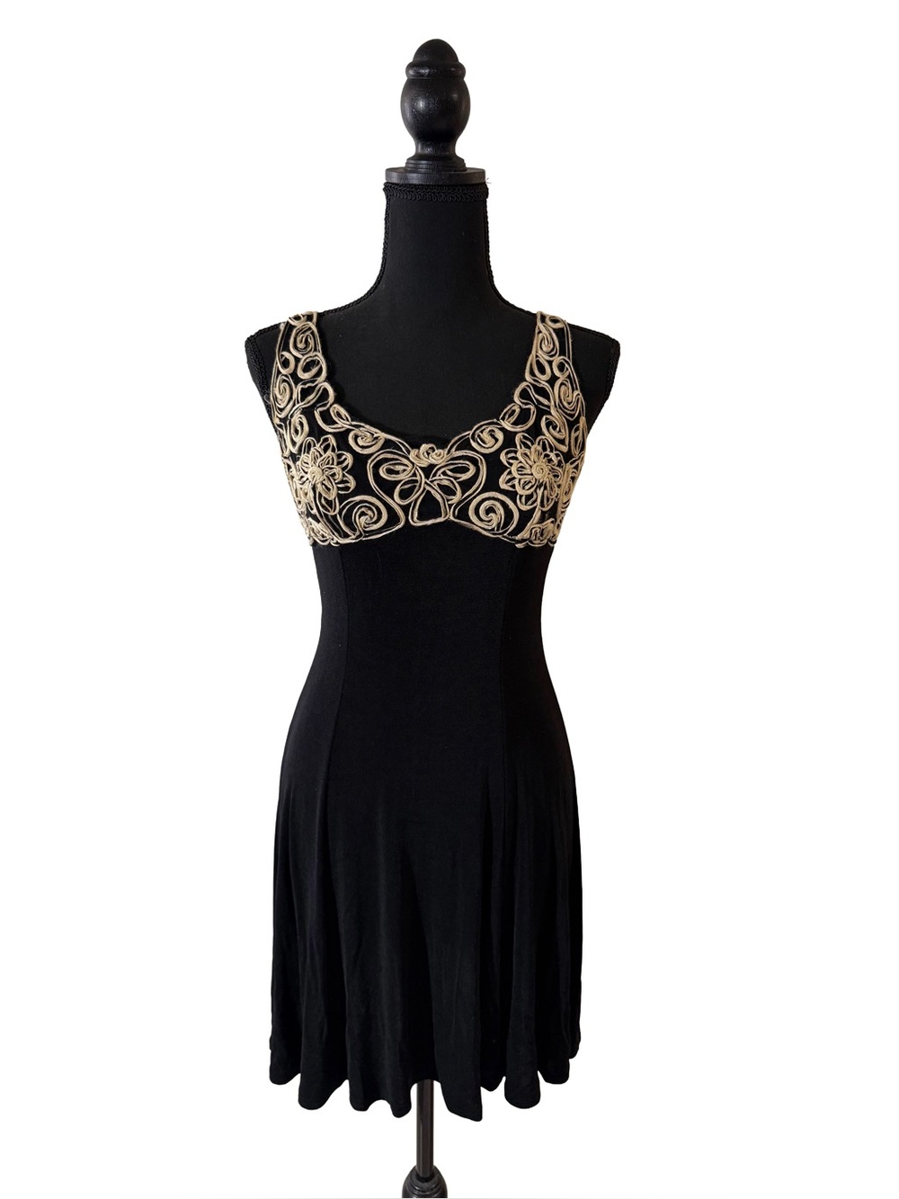 Peggy Womens XS Black Gold Soutache Embroidered Fit Flare Cocktail Dress